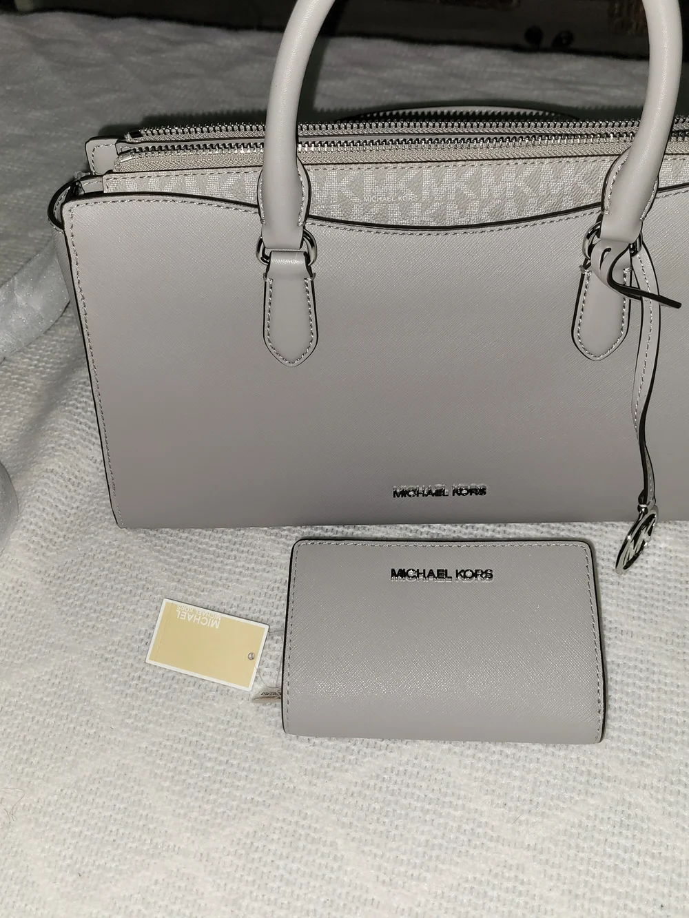 Michael Kors Women's Saffiano Leather Satchel and Wallet Set in Light Gray